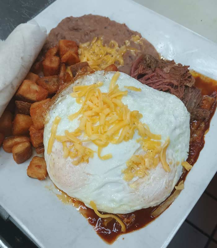 The Big O with eggs, bean and potatoes for breakfast from Omar's Hi-Way Chef in Tuscan AZ